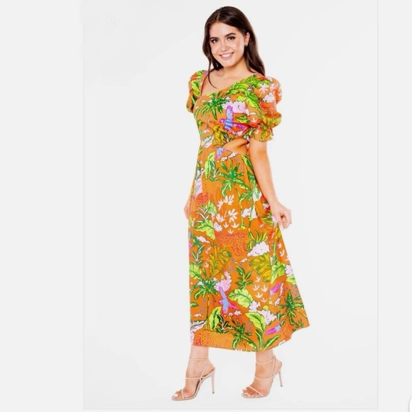 Gold Asymmetrical Ruffled Sundress with Puff Sleeves - Picture 2 of 12